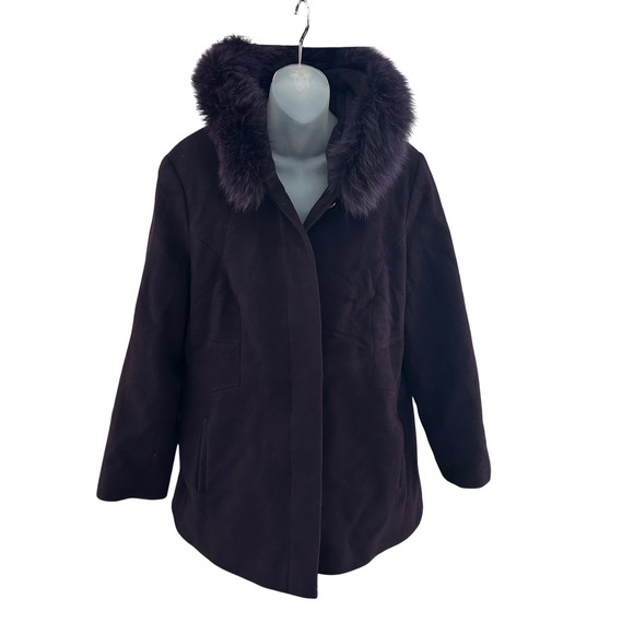 Sachi Collection Jackets & Blazers - Sachi Collection XL Purple Lambswool Blend Hooded Coat Faux Fur Trim